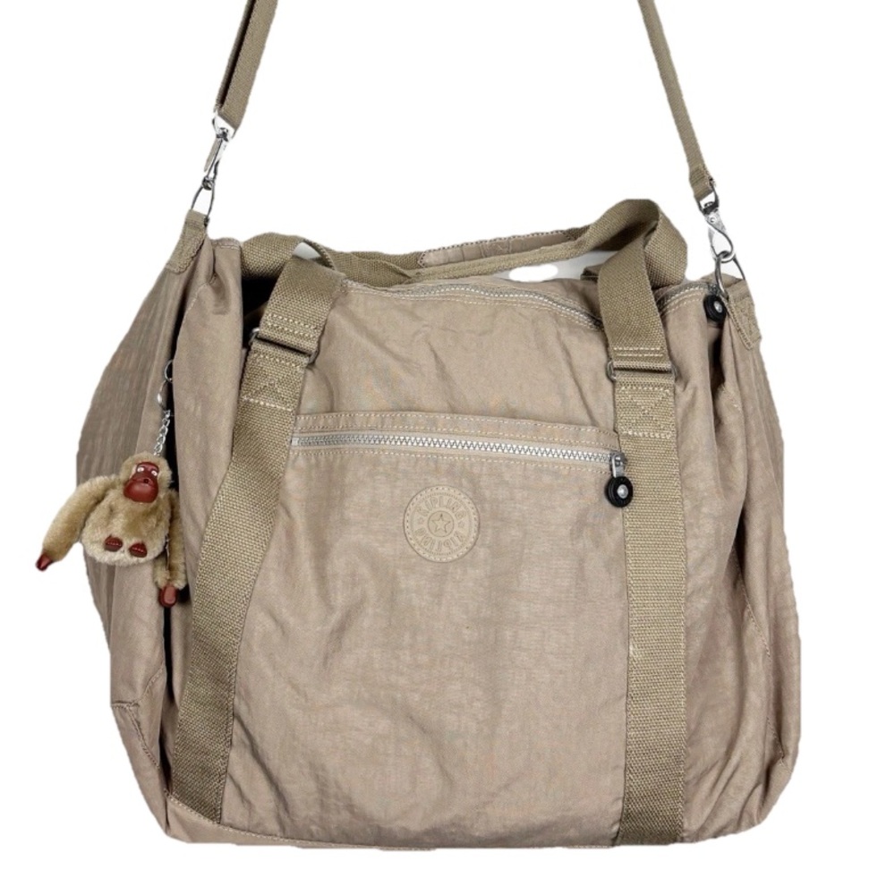 Kipling Nylon Weekender Large Tote Bag / Duffle Bag in Stone Beige Sven Keychain